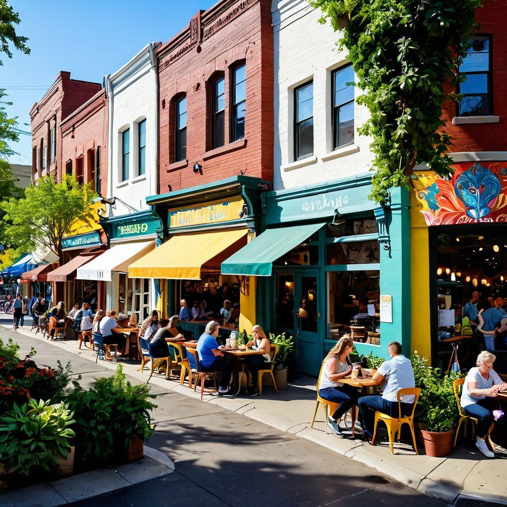 A warm, inviting street scene showcasing local artisans and cozy cafes, bustling with friendly community members engaging in conversations and laughter. Colorful murals adorn the walls, adding vibrancy to the atmosphere, while lush greenery peeks through the urban backdrop. A sunlit park corner with children playing and adults enjoying coffee fosters a sense of togetherness and positivity. super-realistic. vibrant colors. white background.