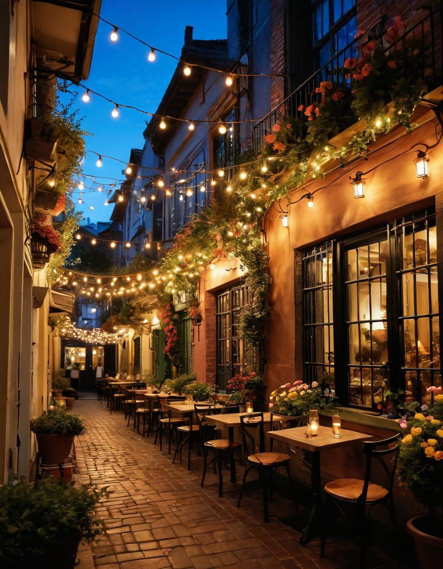 A cozy street filled with charming cafés and hidden gardens, people laughing and enjoying themselves, twinkling fairy lights above, vibrant flowers in bloom, a sense of warmth and community in the atmosphere. super-realistic. vibrant colors. 3D.